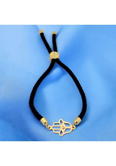 V Harfine Özel 14 Ayar Altın Plakalı Siyah İpek Örgülü Hamsa Motifli Hediye Bileklik-509harf V