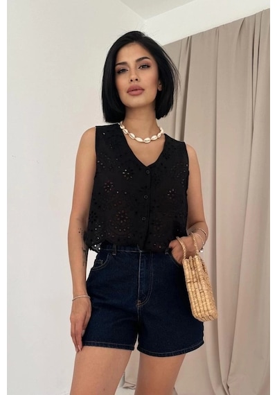 Defymoda Siyah Sıfır Kol Brode Bluz Siyah
