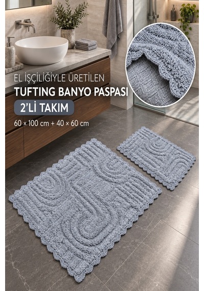 Alanur Bodrum Tufting Cotton Pamuklu El Işi Örgülü 2 Li Paspas 113 gri