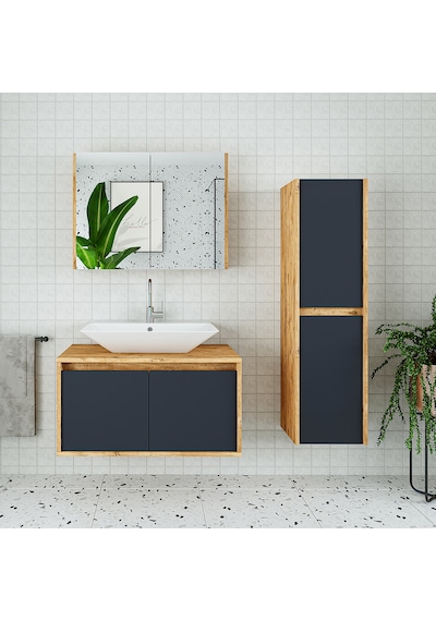 Banos Roomart Lavabolu Ahşap-Antrasit 85Cm Banyo Dolabı+Aynalı+Bo Antrasit