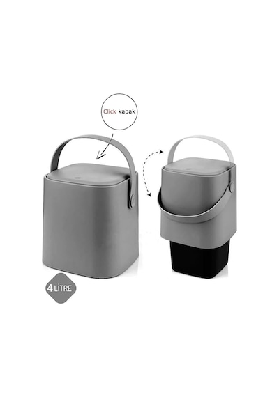 Tutma Saplı İç Kovalı Tezgah Üstü Mutfak Çöp Kovası, 4 Litre, Kilitli Kapak, Click Kapak, 20x20 Gri