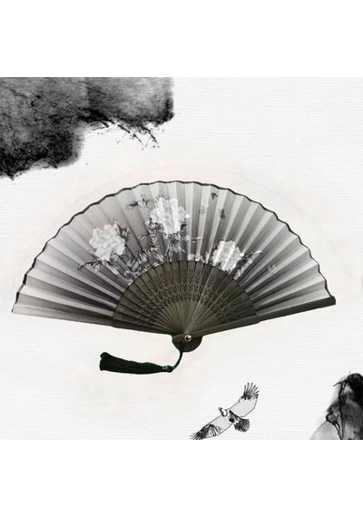 Beluga Yelpaze Bambu Serinletici Vintage Siyah Kelebekli Çiçekli Şık Püsküllü Japon Yelpaze 0334