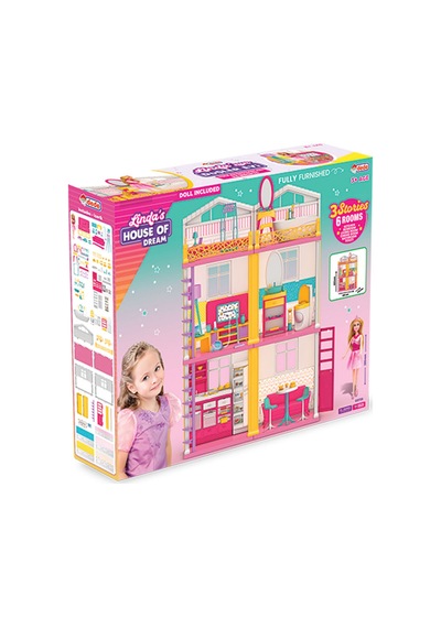 Linda'nın Düşler Evi 3 Katlı 6 Odalı Eşyalı Oyuncak Bebek Evi Büyük Boy 85 Cm