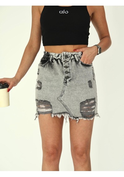 Zeo Basic Ön Düğme Detaylı Beli Lastikli Denim Etek Gri