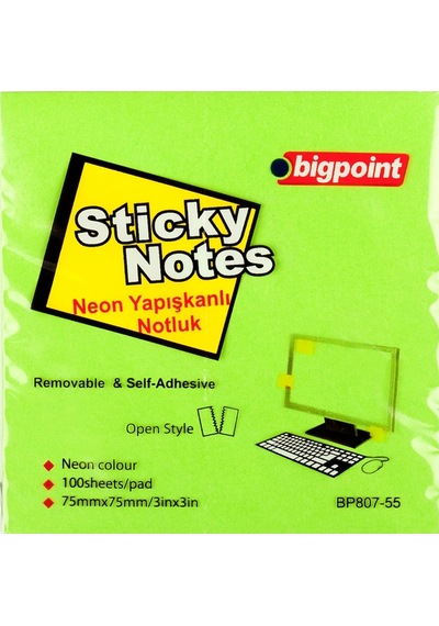 Bigpoint Yapışkanlı Not Kağıdı 75x75mm Neon Yeşil X 12 Adet