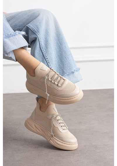 Shoetek Polivya Kadın Sneakers Taşlı Bağcıklı Triko Dokumalı Spor Ayakkabı Bej Deri Bej Cilt Bej