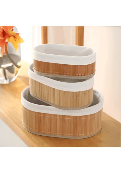 Bambu 3 Lü Oval Kutu Organizer Seti Doğal Bambu Saklama Ve Düzenleyici Seti Açık Bej