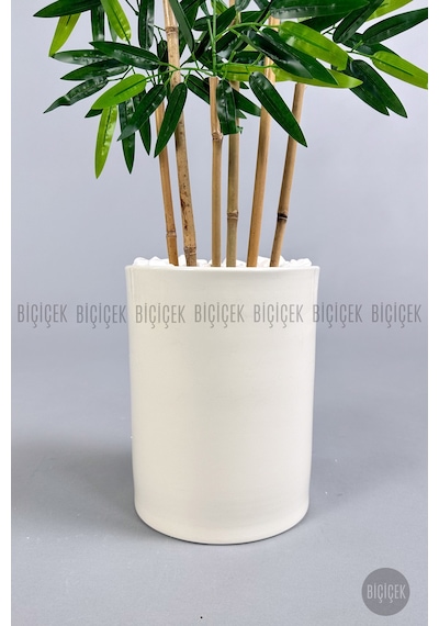 Yapay Bambu Ağacı 6 Dallı 150 Cm Yoğun Yapraklı Metal Siyah Saksı Krem