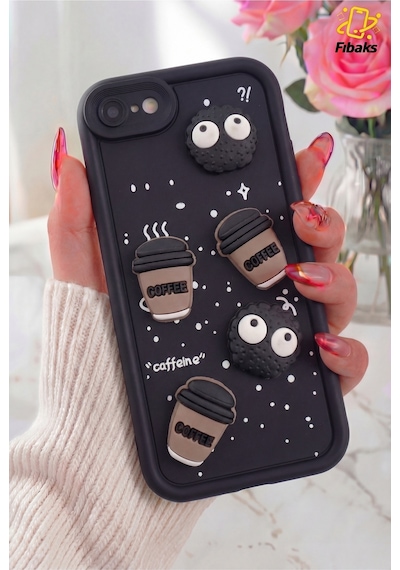 Fibaks iPhone 7/8/se Uyumlu Kılıf Tasarımlı Desenli Kamera Korumalı Coffee Kurabiye Siyah Yumuşak Silikon