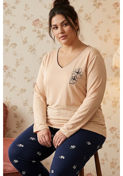 Siyah İnci Desenli Nakışlı Büyük Beden Battal Boy Viskon Örme Pijama Takım 26224834 Ten