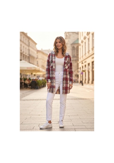 Polologin Butik Kapüşonlu Ekose Desenli Viskon Tunik Bordo