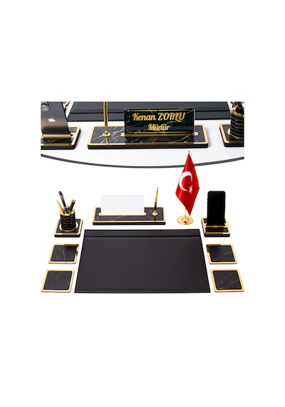 Star Bayraklı Mermer Desenli Ahşap Sümen Takımı Deri Sümen Seti Masa İsimliği