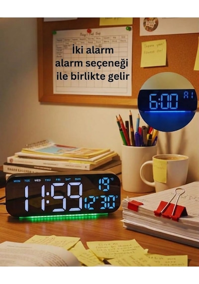 Büyük Led Dijital Çalar Saat Rgb Renkli Gece Lambası Saat Tarih Gün Sıcaklık Göstergeli Masa Ve Yatak Odası Saati Siyah