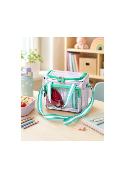 Çocuk Termal Okul Beslenme Çantası Şeffaf Cepli Peluş Aksesuarlı Omuz Askılı Lunch Bag Multi