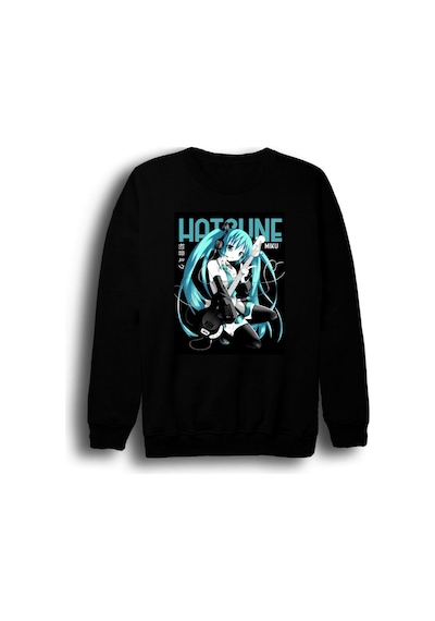Hatsune Miku Anime Baskılı Unisex %100 Pamuk Siyah Kapüşonlu Bisiklet Yaka Sweatshirt Siyah