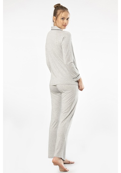 Türen 3365 Kadın Uzun Kollu Gömlek Yaka Pijama Takım-gri Gri