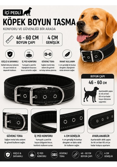 Köpek Boyun Tasması İçi Pedli 46-60 Cm 4 Cm Geniş Ayarlanabilir Metal Tokalı - Siyah Çok Renkli