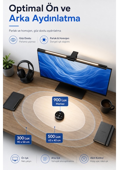 Aura-pro Monitör Lambası Ön-arka Işık Kumandalı Kademeli Parlaklık Renk Ayarlı Masa Pc Ekran Işığı Siyah