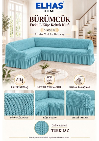 Bürümcük Kumaş 5 Kişilik Etekli L Köşe Koltuk Kılıfı Turkuaz - 934819522 Turkuaz