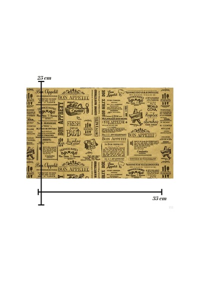 Bon Appetit Desenli Sunum Kağıdı, Vintage Gazete Stili, Kraft Görünümlü, 25x35 Cm, Tek Kullanımlık, Restoran Ve