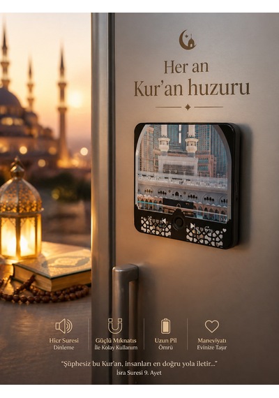 Hicr Suresi Dinleme Cihazı Manyetik Buzdolabı Magneti Tek Tuşla Kur An Usb Şarjlı Manevi Hediye Siyah