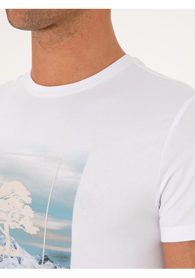 Beyaz Slim Fit Bisiklet Yaka Pamuk Karışımlı T-shirt
