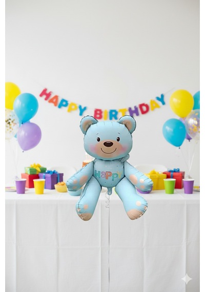 51x54 Cm Oturan Ayı Mavi Folyo Balon - Doğum Günü Parti Dekorasyon Balonu Çok Renkli