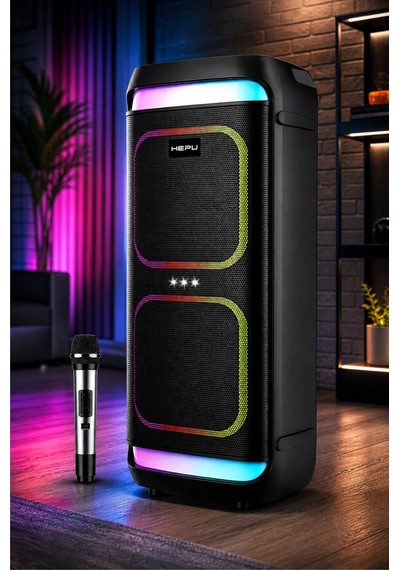 Hepu Hp-986 24w Taşınabilir Partybox Hoparlör - Çift 8" Speaker Işıklı, Mikrofonlu, Tws Destekli Ses