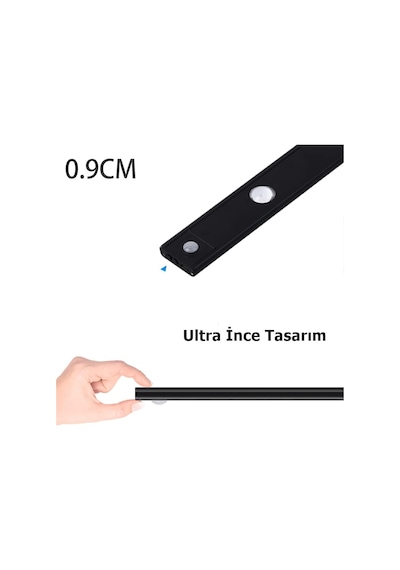 Akasya Sensörlü Şarjlı Kabin Altı Led Aydınlatma, Heroled 40cm Ultra Slim Siyah, 3 Farklı Işık