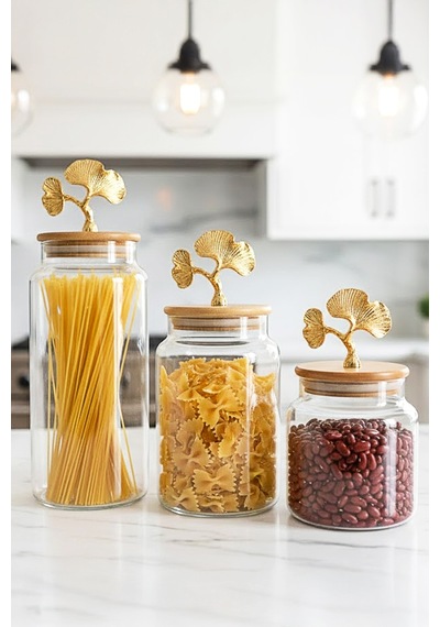 3'lü Bambu Kapaklı Metal Ginkgo Figürlü Şeffaf Cam Kavanoz Şeffaf Cam Saklama Kabı 635/890/1400ml Şeffaf