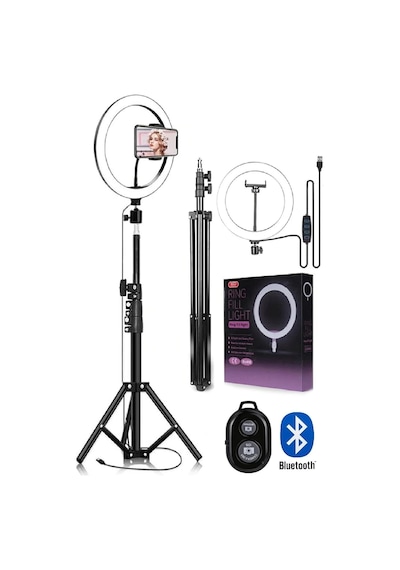 3 Renk Led Ring Light 26cm 10inç Bluetooth Kumandalı 2.1m Ayarlanır Tripot Tiktok Make Up Çekim Işık