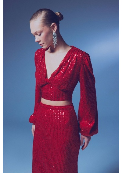 Sateen Kruvaze Payetli Crop Bluz - Kırmızı