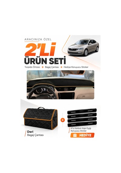 E-biz Skoda Octavia 2013-2019 Uyumlu Torpido Örtüsü + Deri Çanta - Siyah-kahverengi - Sk010