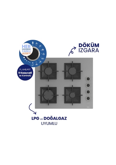 Flowart Turbolu QBL62CPR+SC208-FA+D065 Gri Kaymaz Döküm Izgaralı Cam Ankastre Set