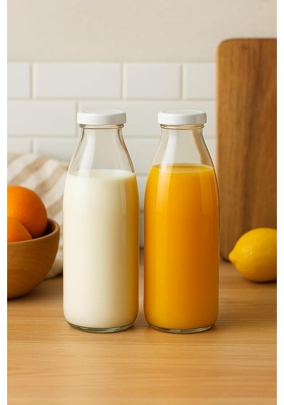 2 Adet Beyaz Plastik Kapaklı 1 Litre Şeffaf Sürahi Süt, Ayran, Su, Limonata Meşrubat Şişesi Cam Şişe