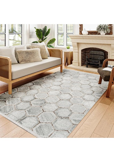 Bespoky Argilla Geometrik Modern Salon Halısı Makine Dokuma Gri - Açık Gri - 15957k