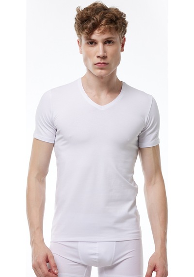 Malabadi Erkek Beyaz 2 Li V Yaka Kısa Kollu Pamuk Elastan Fanila T-shirt 092