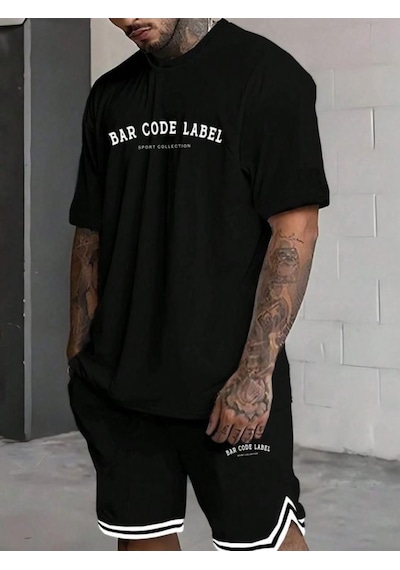 Altamira Erkek Siyah Bar Code Baskılı Şeritli Şort T-shirt Takım 001