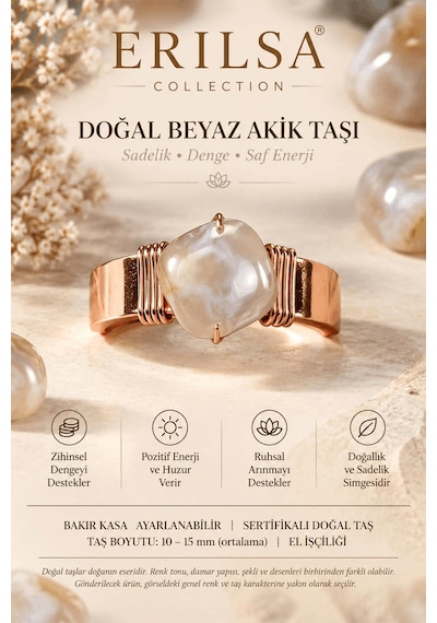 Sertifikalı Beyaz Akik Taşı Yüzük Doğal Dokulu Bakır Kasa El İşçi Çok renkli