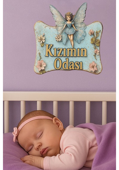 Kızımın Odası Yazılı Melek Tasarımlı Ahşap Mdf Kapı Süsü - Uv Hd Baskılı Eskitme Turkuaz