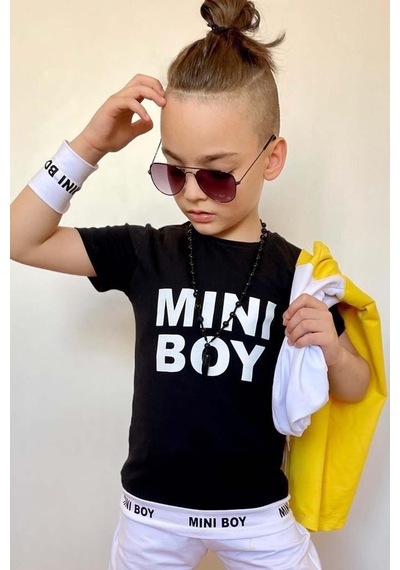 Riccotarz Erkek Çocuk Mini Boy Yazı Ve Şerit Detaylı T-shirt Kolsuz Sarı Yelek Eşofman Takım Buz Mavi