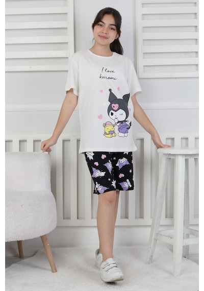 I Love Kuromi Baskılı Kısa Kollu Şort Pijama Takımı Beyaz
