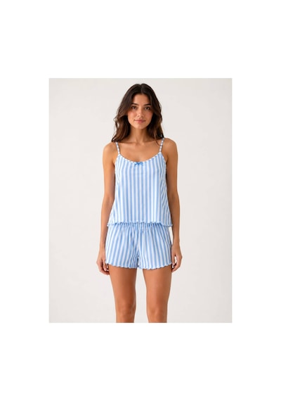 Pijamask Kadın Mavi Beyaz Çizgili Askılı Şortlu Pijama Takımı Yazlık Rahat Ev Giyim Uyku Takımı Mavi