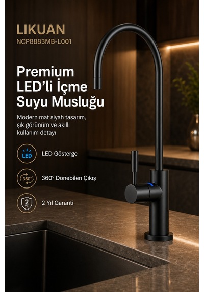 Likuan Ncp8883cp Premium Krom İçme Suyu Arıtma Musluğu Led Siz Kuğu Boyun Siyah