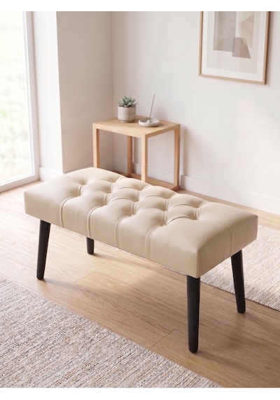 Modern Kapitoneli Krem Deri Kumaş Bench Puf Oturma Bankı Ahşap Siyah Ayaklı Demonte 90x45