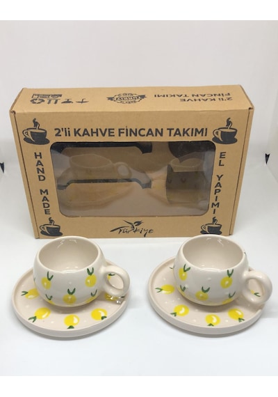 El Yapımı Limon Desenli 2'li Kahve Fincan Takımı Çok Renkli