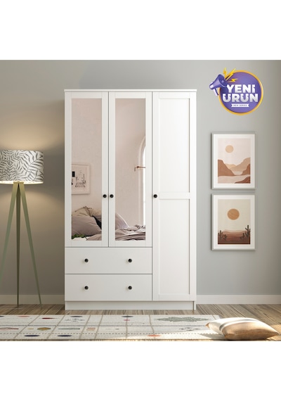 Side 3 Kapak 2 Çekmece Aynalı Mega Gardırop Beyaz