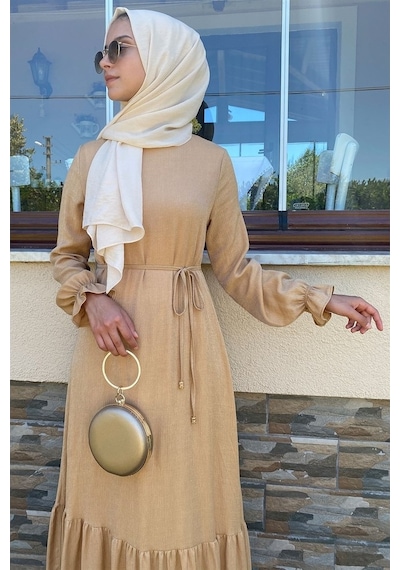 Rabia Şamlı Duru Simli Camel Elbise Bej