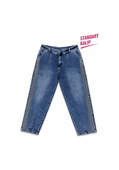 Battal Mom Kesim Yan Şerit Detaylı Denim Kadın Pantolon Lacivert