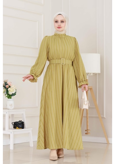 Sevitli Kolu Volanlı Kemerli Henna Elbise-hardal-5061 Hardal